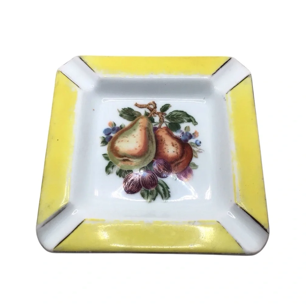 Vintage Japan Cherry China Porcelain Ashtray Fruit Pear Yellow Trim 5” Retro MCM